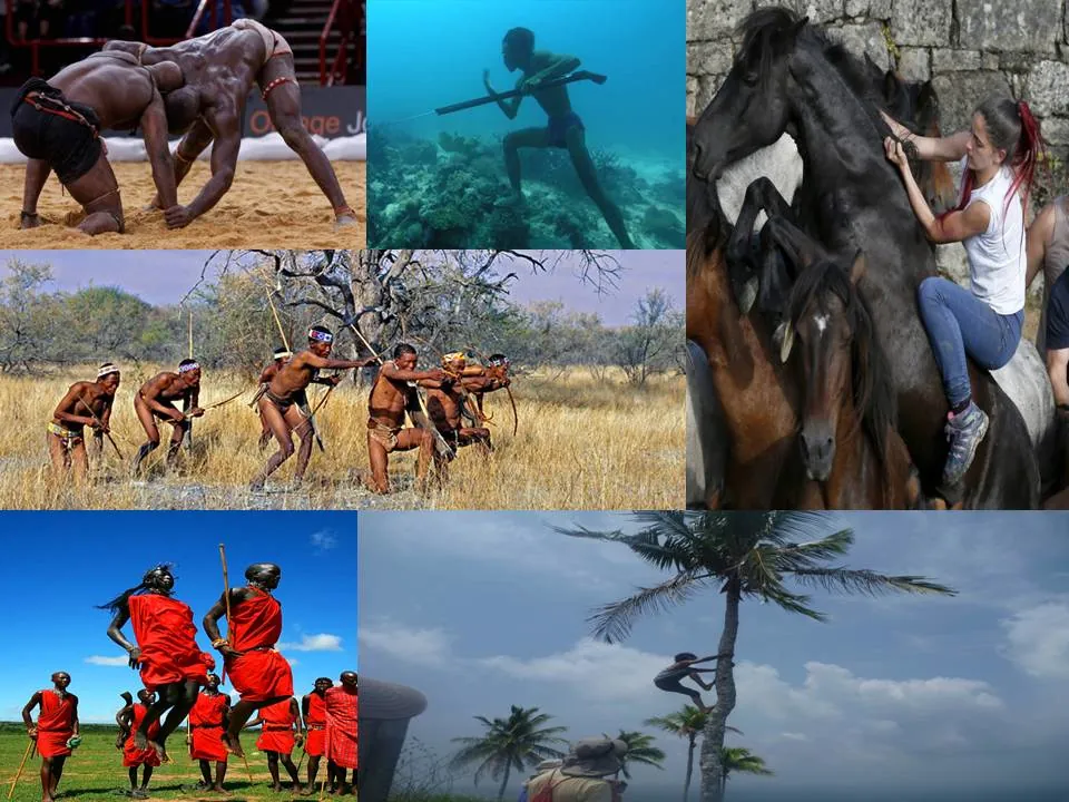 Collage de diversas actividades físicas humanas que incluyen lucha, caza, danza tradicional y equitación para ilustrar el movimiento evolutivo