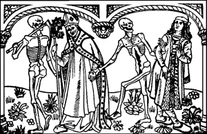 Grabado antiguo de la Danza de la Muerte, representando la fragilidad de la vida durante las epidemias de peste en la Edad Media