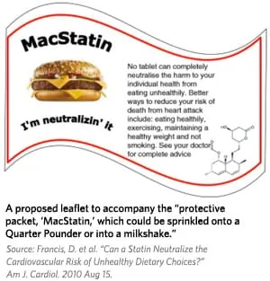 Ilustración satírica de una hamburguesa con el nombre MacStatin, parodiando la idea de añadir estatinas a la comida rápida para contrarrestar sus efectos negativos.