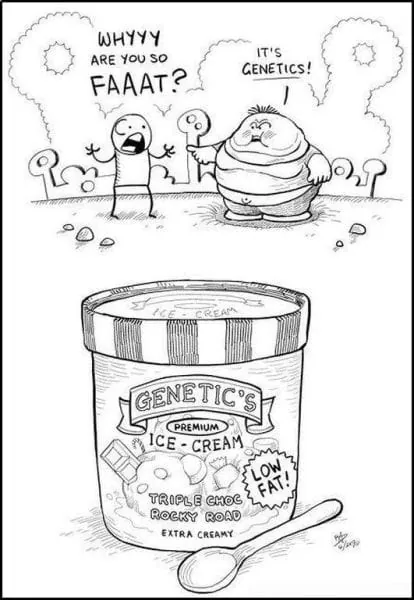 Viñeta satírica sobre la obesidad y la genética: una persona culpa a sus genes mientras sostiene un bote de helado industrial, ilustrando cómo el entorno y los hábitos influyen más que la herencia biológica.