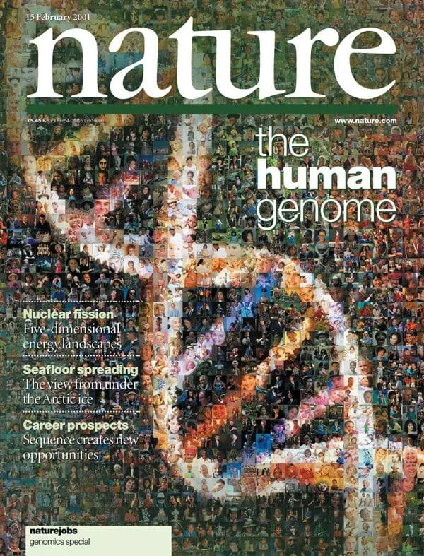 Portada de la revista científica Nature con el título The Human Genome y una ilustración artística de la doble hélice de ADN formada por personas