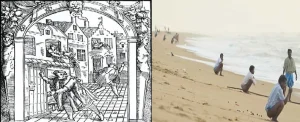 Comparativa de falta de saneamiento: grabado antiguo de Europa y personas defecando en una playa de la India