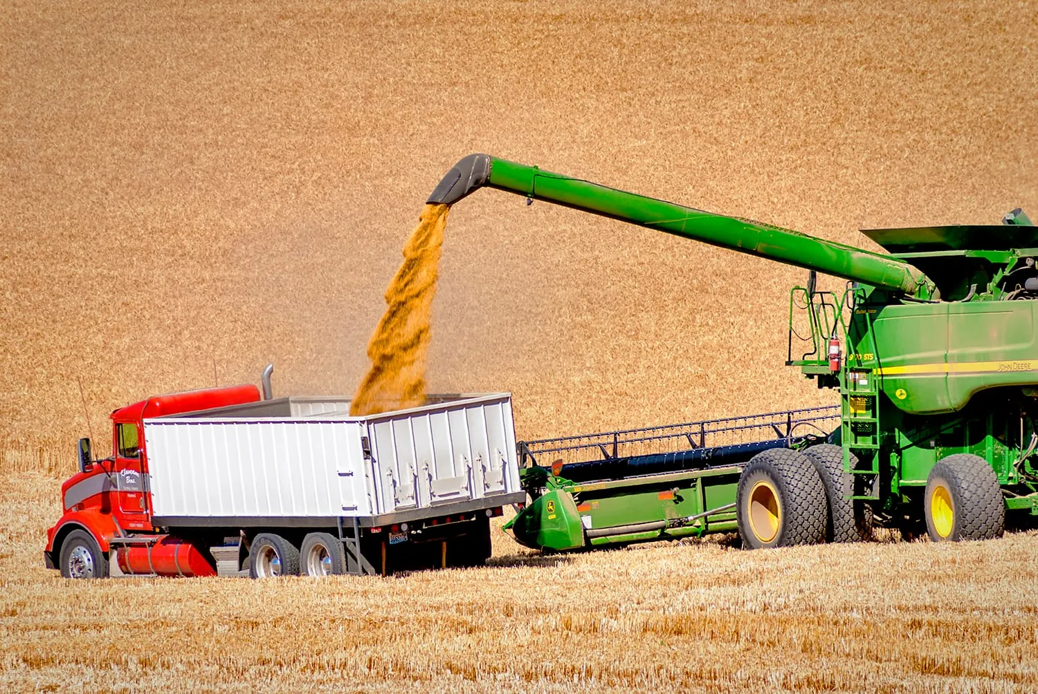 Cosechadora industrial descargando grano en un camión, representando la magnitud del sector alimentario actual.