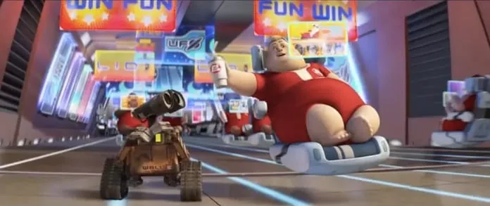 Escena de la película Wall-E que muestra a humanos con obesidad en sillas voladoras tecnológicas, representando una sociedad futurista sedentaria y el impacto de la tecnología en la falta de actividad física.