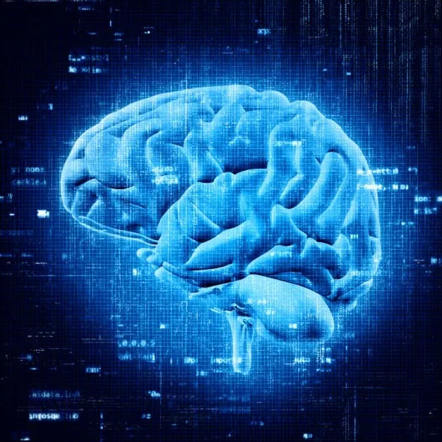 Representación digital de un cerebro humano rodeado de flujos de datos y tecnología, simbolizando la inteligencia artificial y el Big Data.