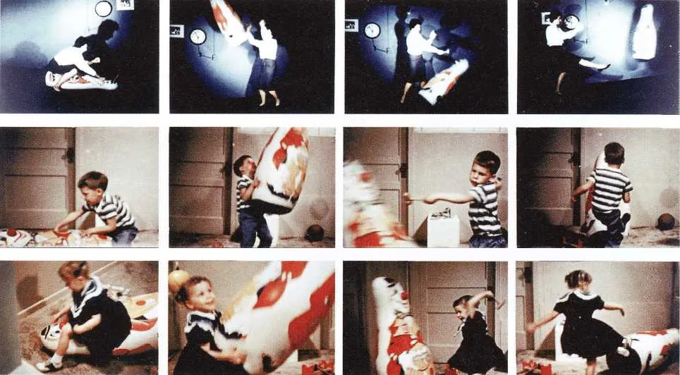 Fotogramas del experimento del muñeco Bobo de Albert Bandura mostrando el aprendizaje por observación y conductas agresivas en niños.