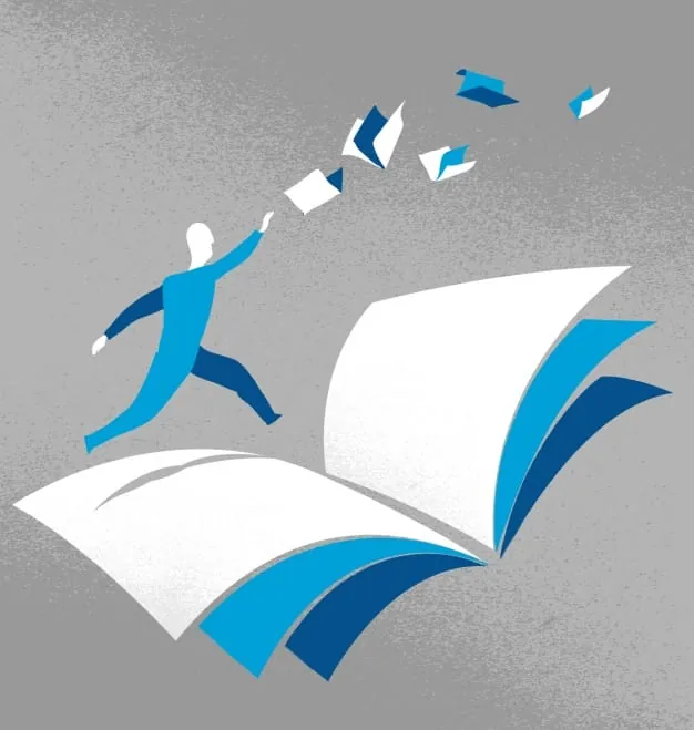 Ilustración de estilo minimalista que muestra a una persona saltando desde un libro abierto hacia hojas que vuelan, simbolizando la creatividad, el aprendizaje y la búsqueda de un estilo de vida saludable a través del conocimiento.