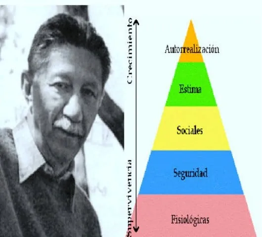 Retrato en blanco y negro del psicólogo Abraham Maslow junto a una ilustración de su jerarquía de necesidades, representada por una pirámide de cinco niveles de colores.