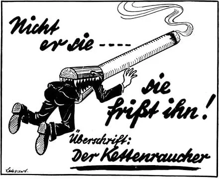Ilustración publicitaria antigua en alemán con un mensaje antitabaco, mostrando a una persona siendo consumida por un cigarrillo gigante.
