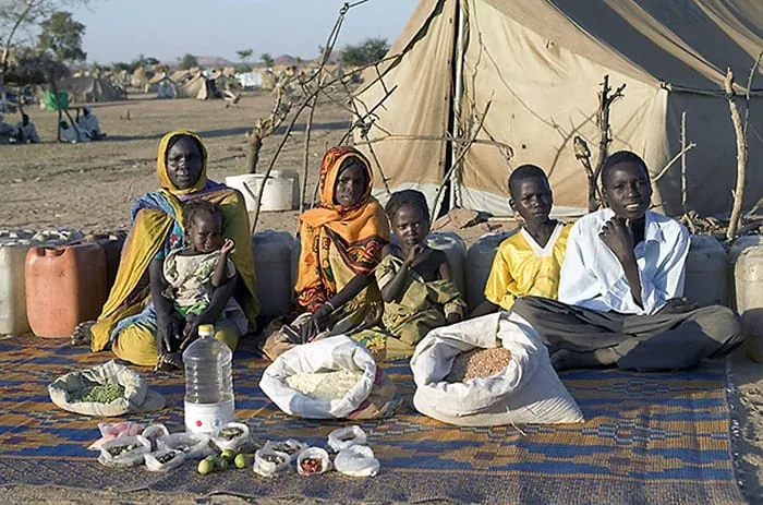 Familia de Somalia mostrando su consumo semanal de alimentos básicos en un entorno de escasez, del proyecto Hungry Planet.