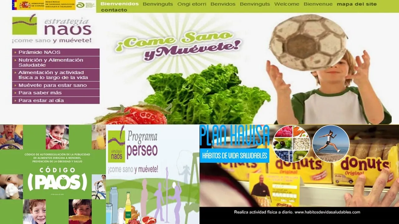 Collage de la Estrategia NAOS y el Código PAOS con el lema Come Sano y Muévete para la prevención de la obesidad infantil