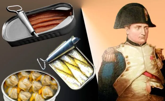 Composición que muestra un retrato de Napoleón Bonaparte junto a varias latas de conservas abiertas (sardinas y mejillones), ilustrando el origen histórico de la industria de las conservas alimentarias para el suministro militar.
