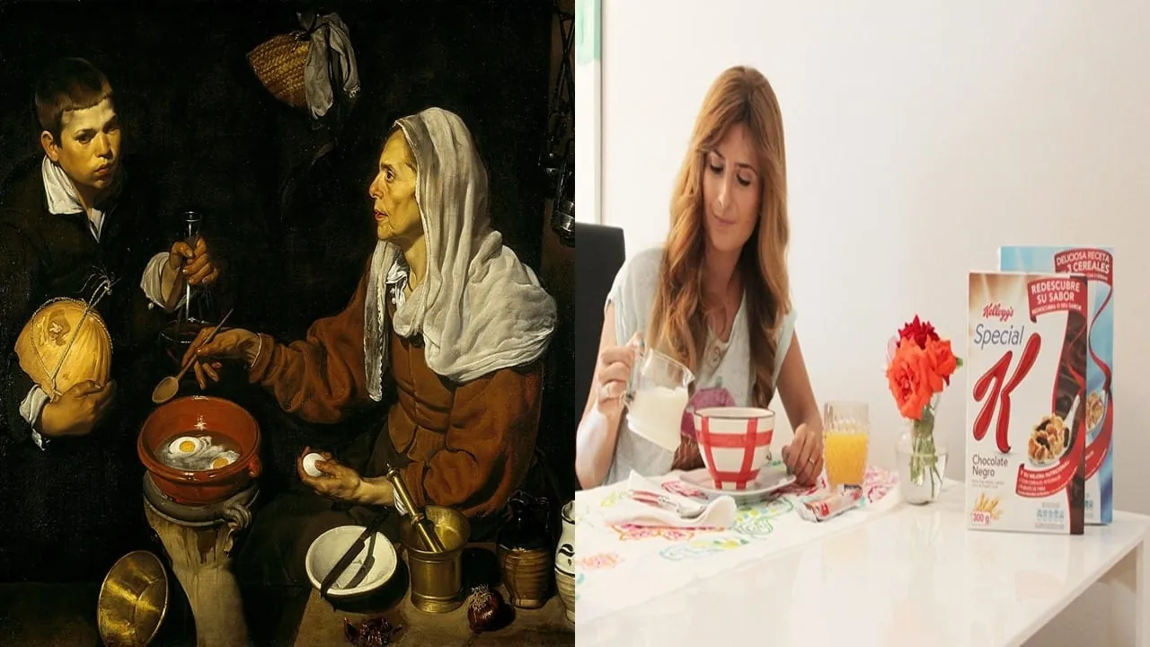 Comparativa visual entre el cuadro Vieja friendo huevos de Velázquez y un desayuno moderno con cereales procesados para ilustrar el cambio en los hábitos alimentarios