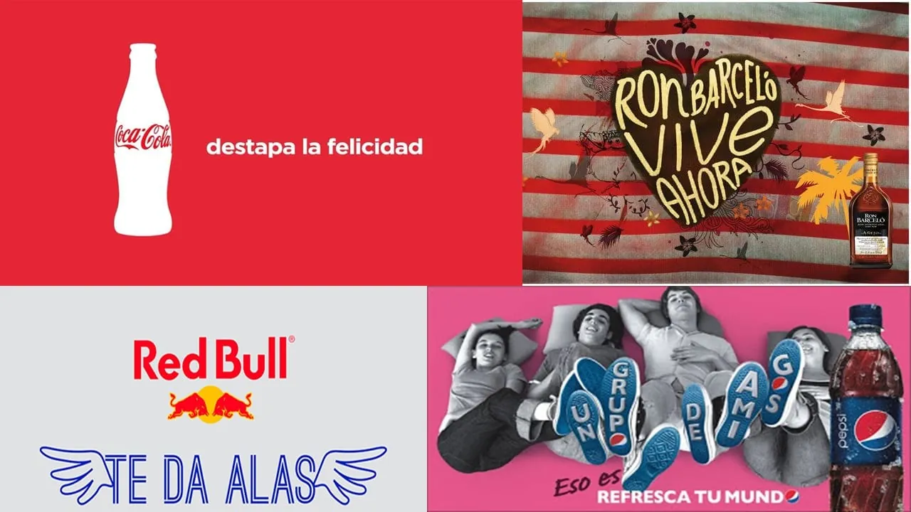 Collage de anuncios de bebidas con eslóganes emocionales de Coca-Cola, Red Bull, Pepsi y Ron Barceló para analizar el marketing alimentario