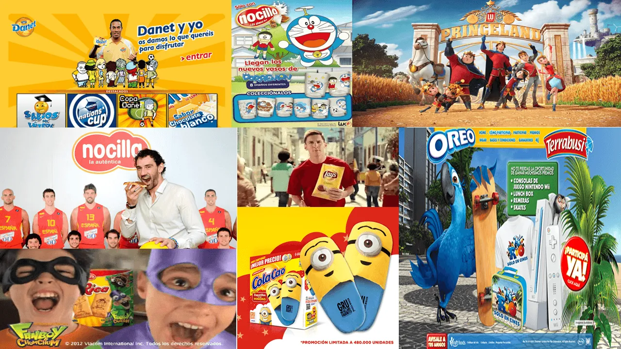 Collage de publicidad engañosa de alimentos dirigida a niños.