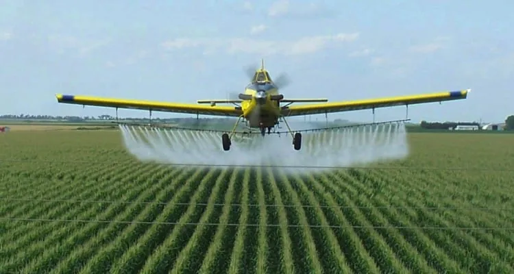 Una avioneta de color amarillo realizando una fumigación aérea con pesticidas sobre un campo de cultivo extenso, ilustrando el uso de químicos en la agricultura industrial.