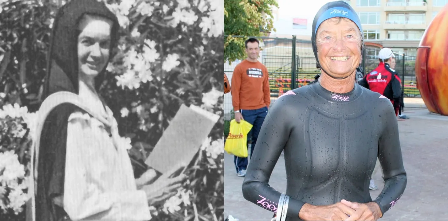 Comparativa de una mujer joven vestida de monja y la misma mujer años después con traje de neopreno tras nadar, ejemplificando un estilo de vida activo y saludable