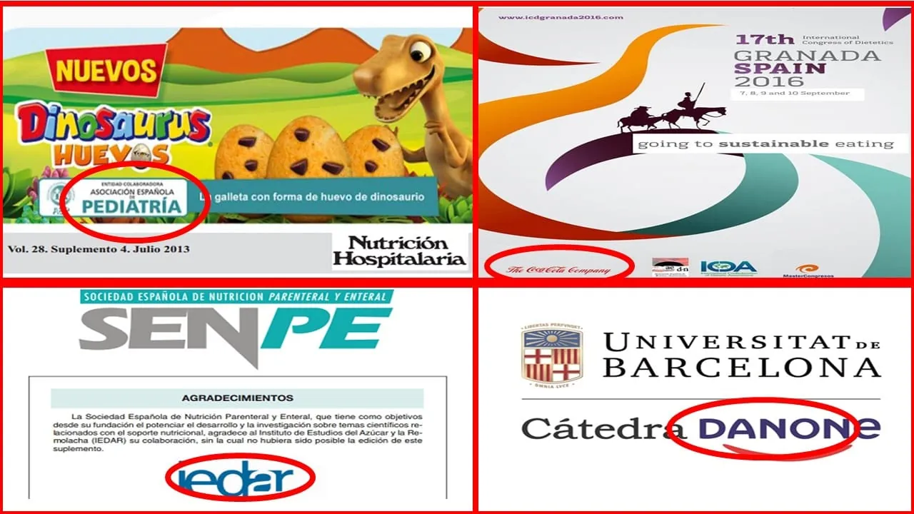 Collage que muestra logotipos de asociaciones médicas y universidades junto a marcas de la industria alimentaria para ilustrar conflictos de interés en nutrición