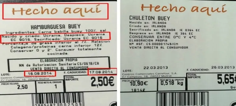 Comparativa de dos etiquetas de carne donde se resalta el lema publicitario 